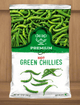 A package of Deep Premium hot green chillies. The packaging shows fresh green chilis against a white background with the brand name and product description.