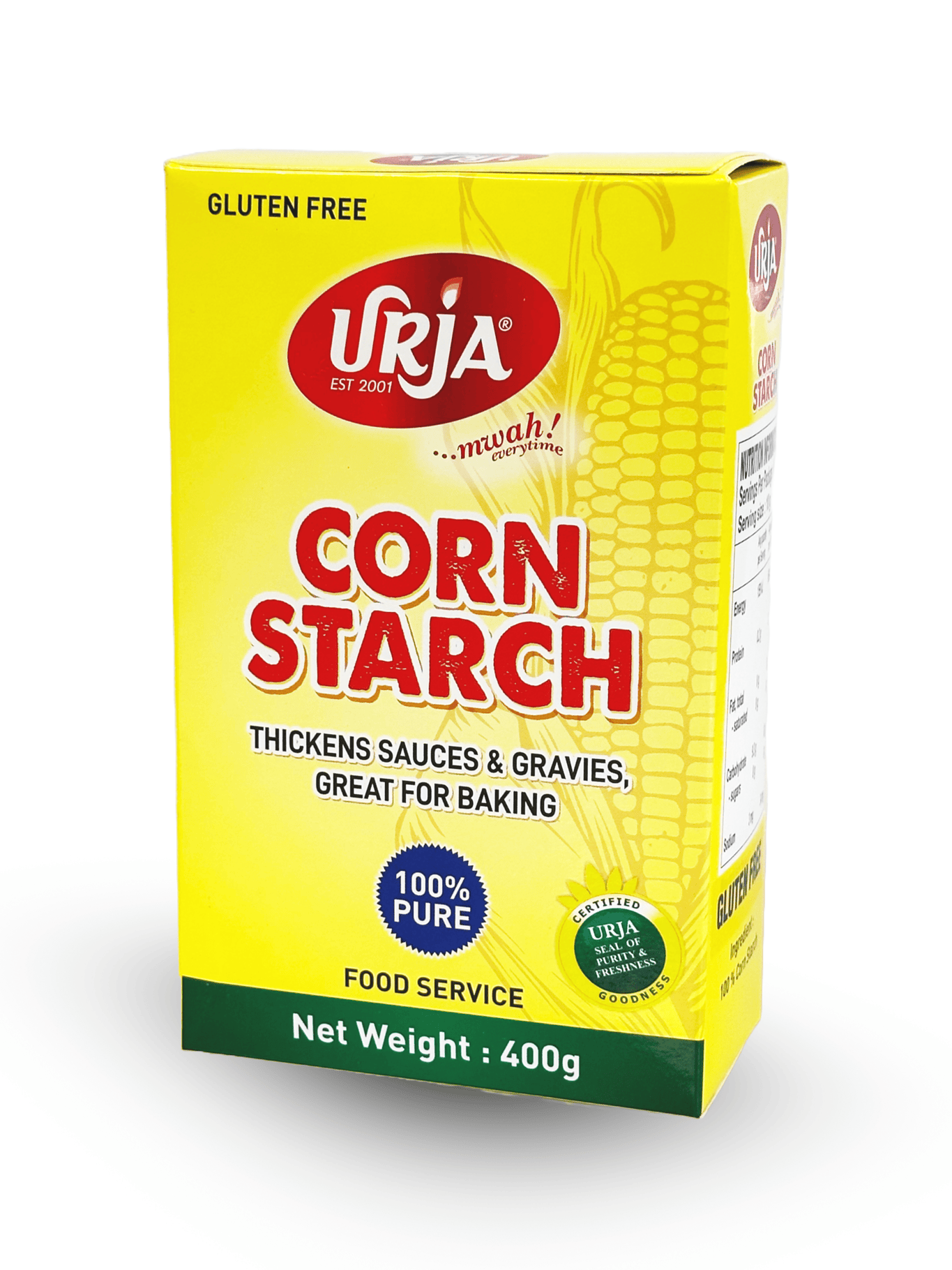 A box of Urja brand corn starch, which is labeled as gluten free and 100% pure. The net weight of the product is 400g.